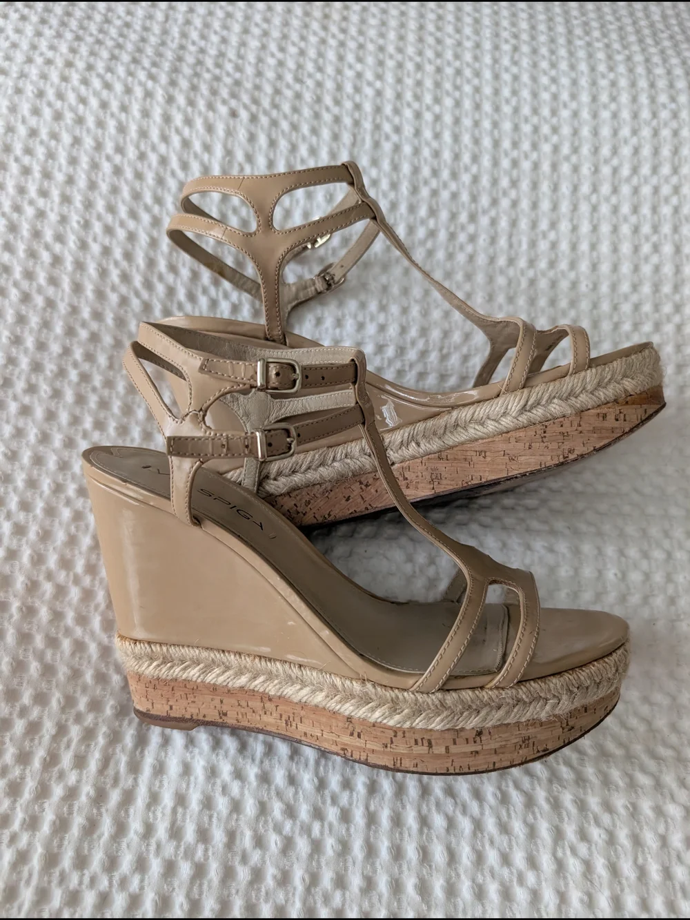 Via Spiga Nude Patent Espadrille Wedge Sandals